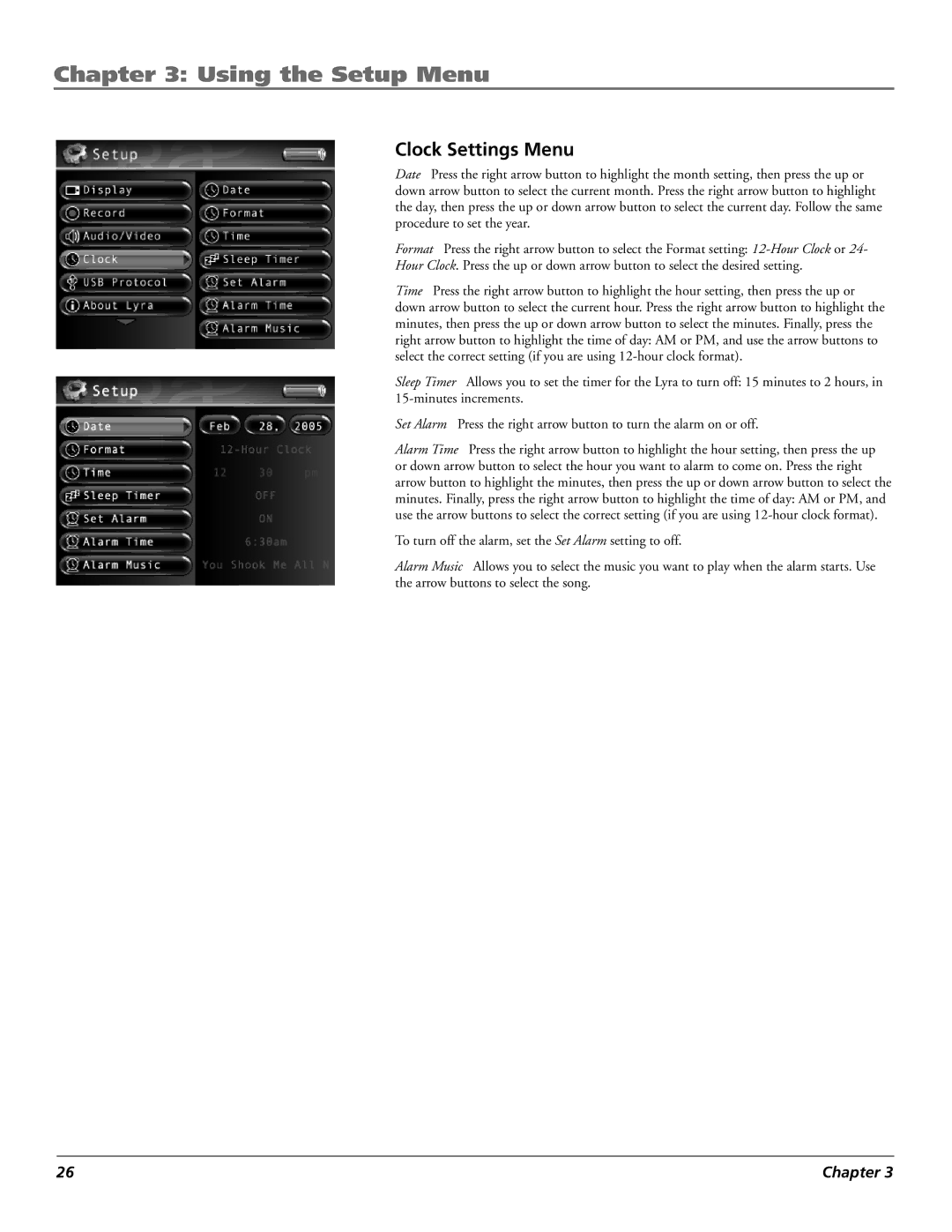 RCA X3000 manual Clock Settings Menu 