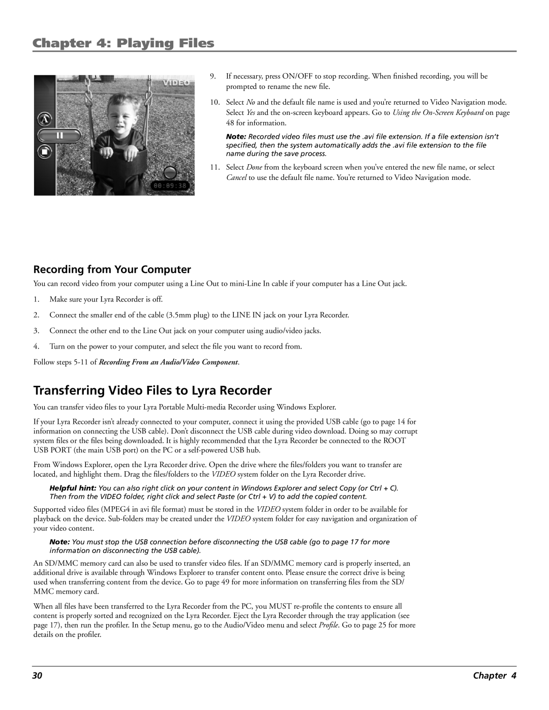 RCA X3000 manual Transferring Video Files to Lyra Recorder, Recording from Your Computer 