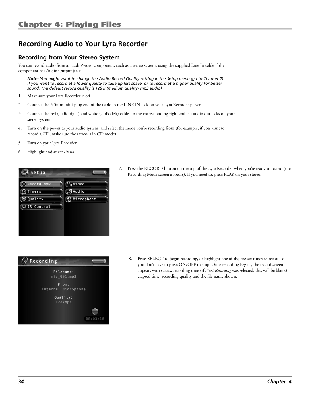 RCA X3000 manual Recording Audio to Your Lyra Recorder, Recording from Your Stereo System 