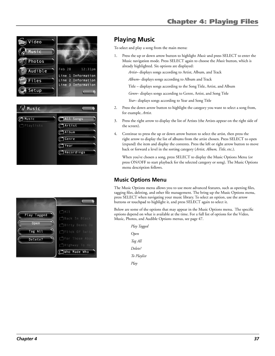 RCA X3000 manual Playing Music, Music Options Menu 