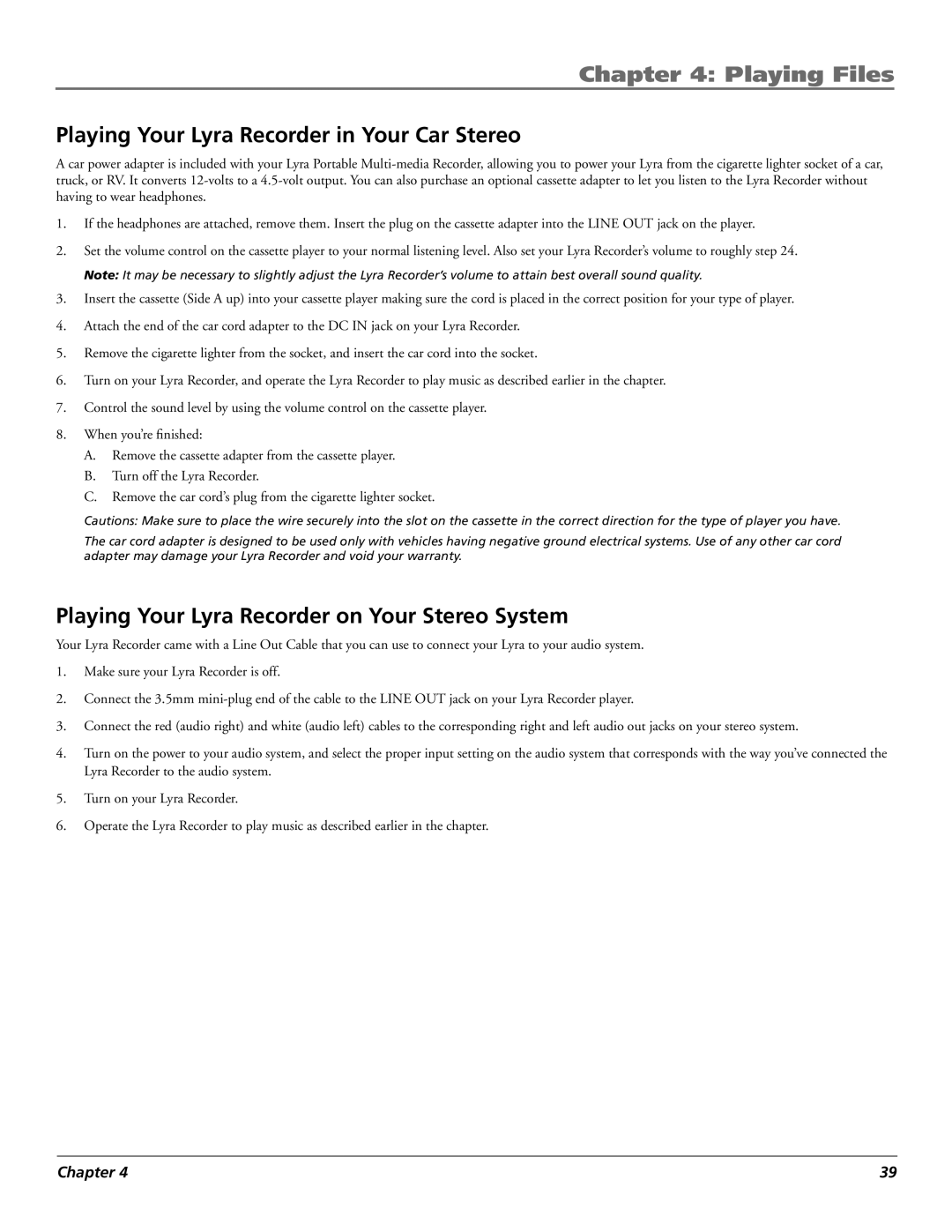 RCA X3000 manual Playing Your Lyra Recorder in Your Car Stereo, Playing Your Lyra Recorder on Your Stereo System 