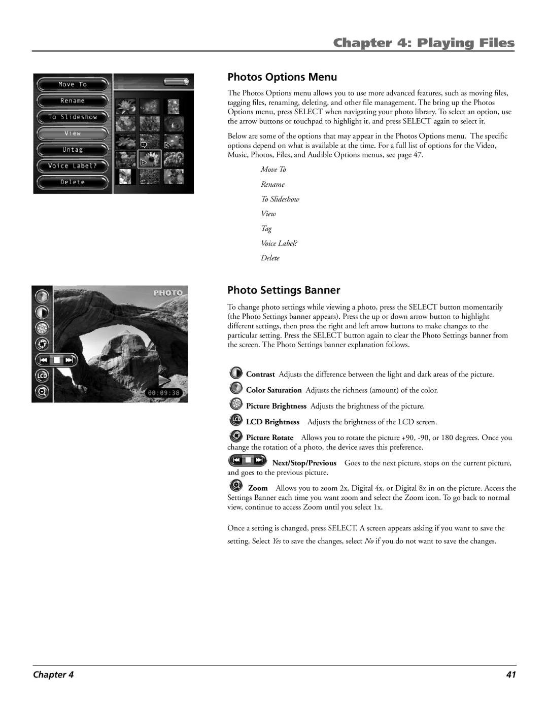 RCA X3000 manual Photos Options Menu, Photo Settings Banner 