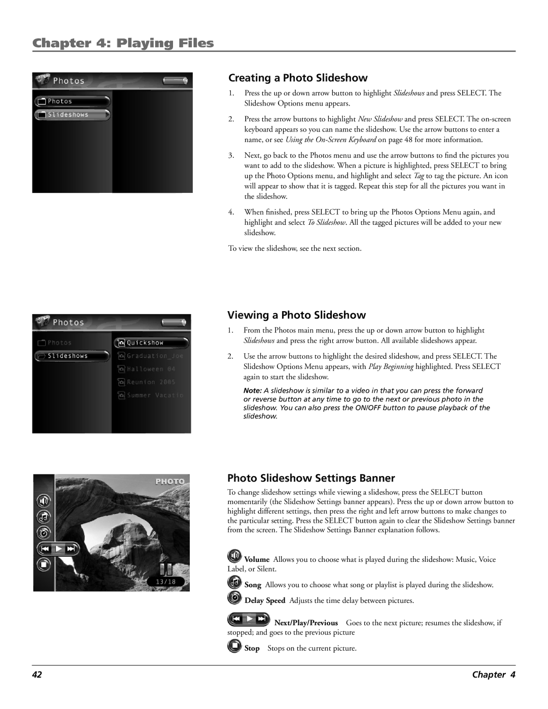 RCA X3000 manual Creating a Photo Slideshow, Viewing a Photo Slideshow, Photo Slideshow Settings Banner 