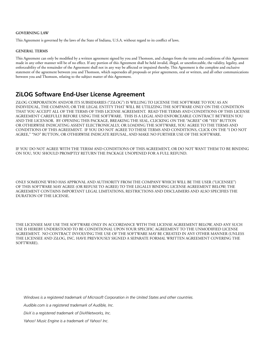 RCA X3000 manual ZiLOG Software End-User License Agreement, Governing LAW 