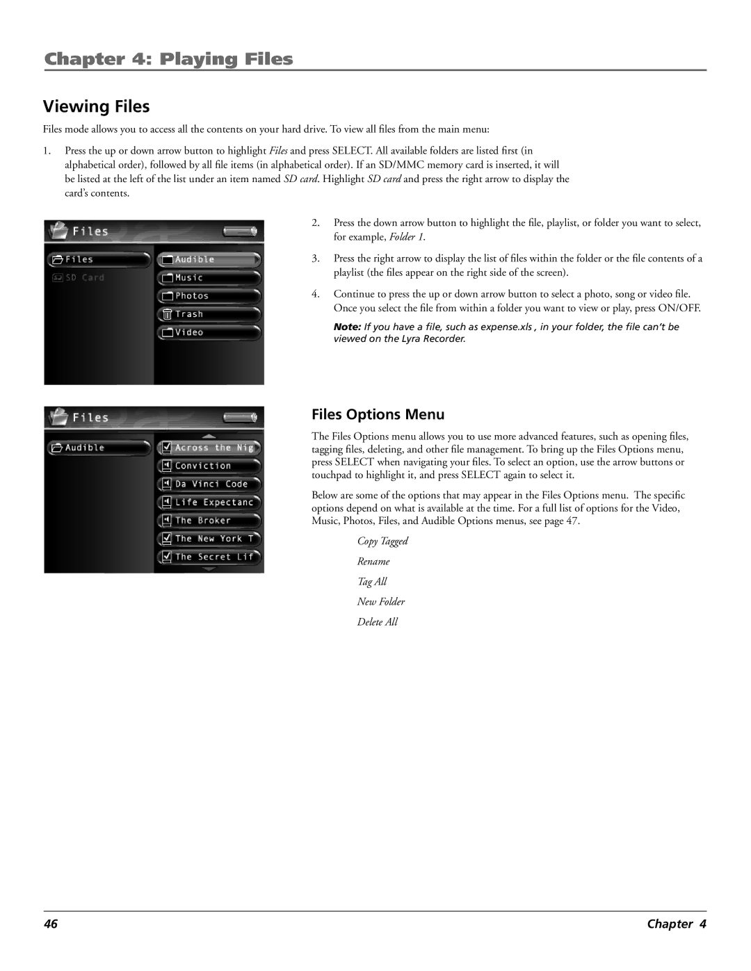 RCA X3000 manual Viewing Files, Files Options Menu 