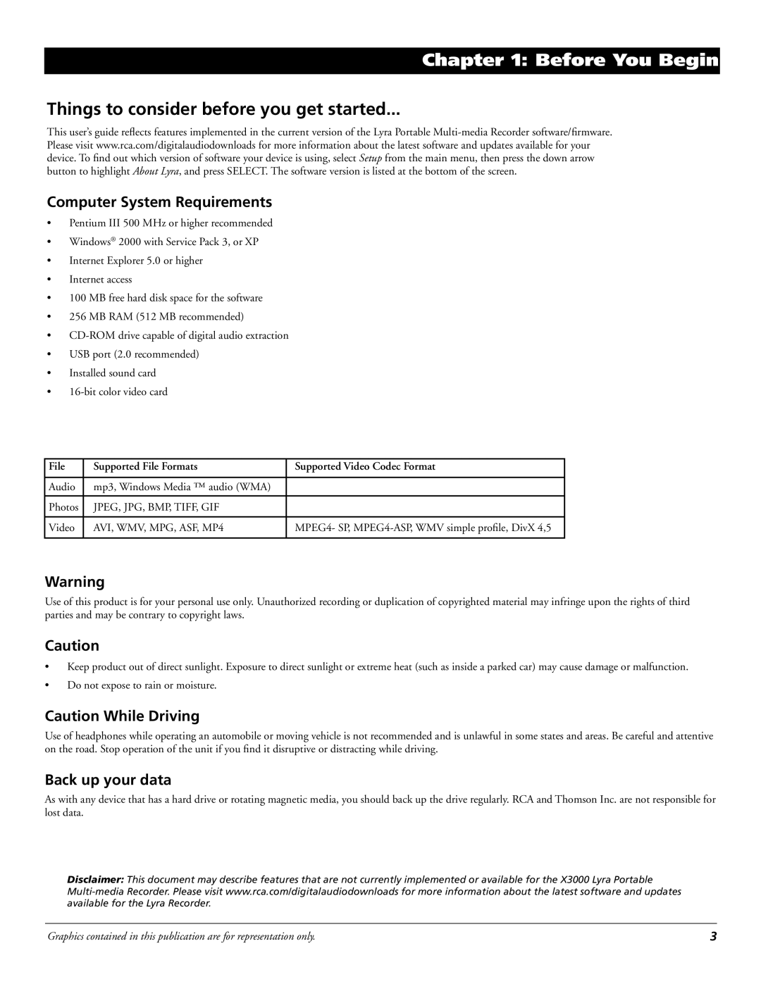 RCA X3000 manual Things to consider before you get started, Computer System Requirements, Back up your data 