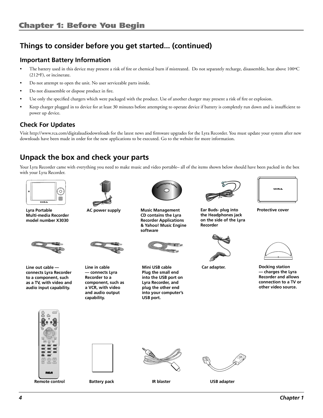 RCA X3030 manual Unpack the box and check your parts, Important Battery Information, Check For Updates 