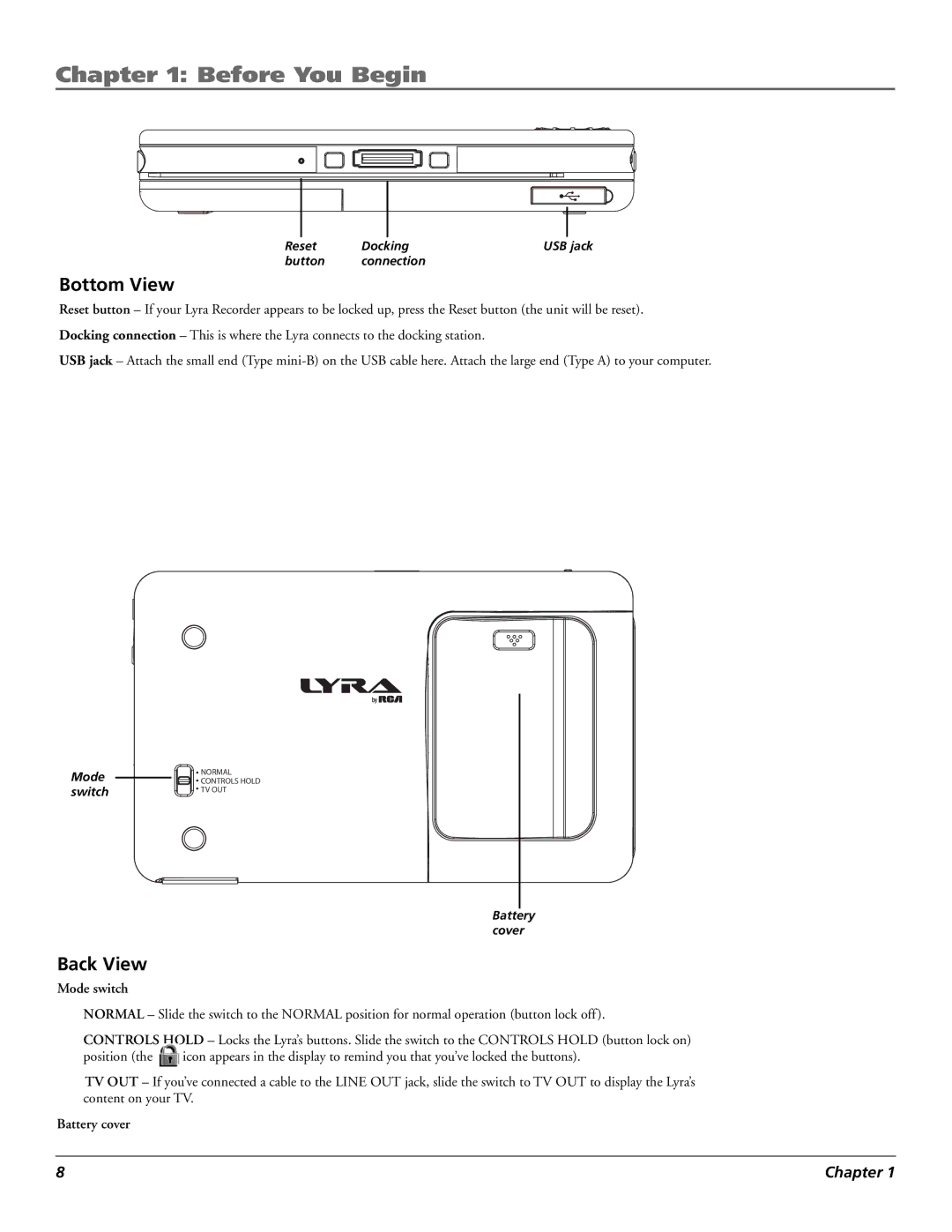 RCA X3030 manual Bottom View, Back View, Mode switch, Battery cover 