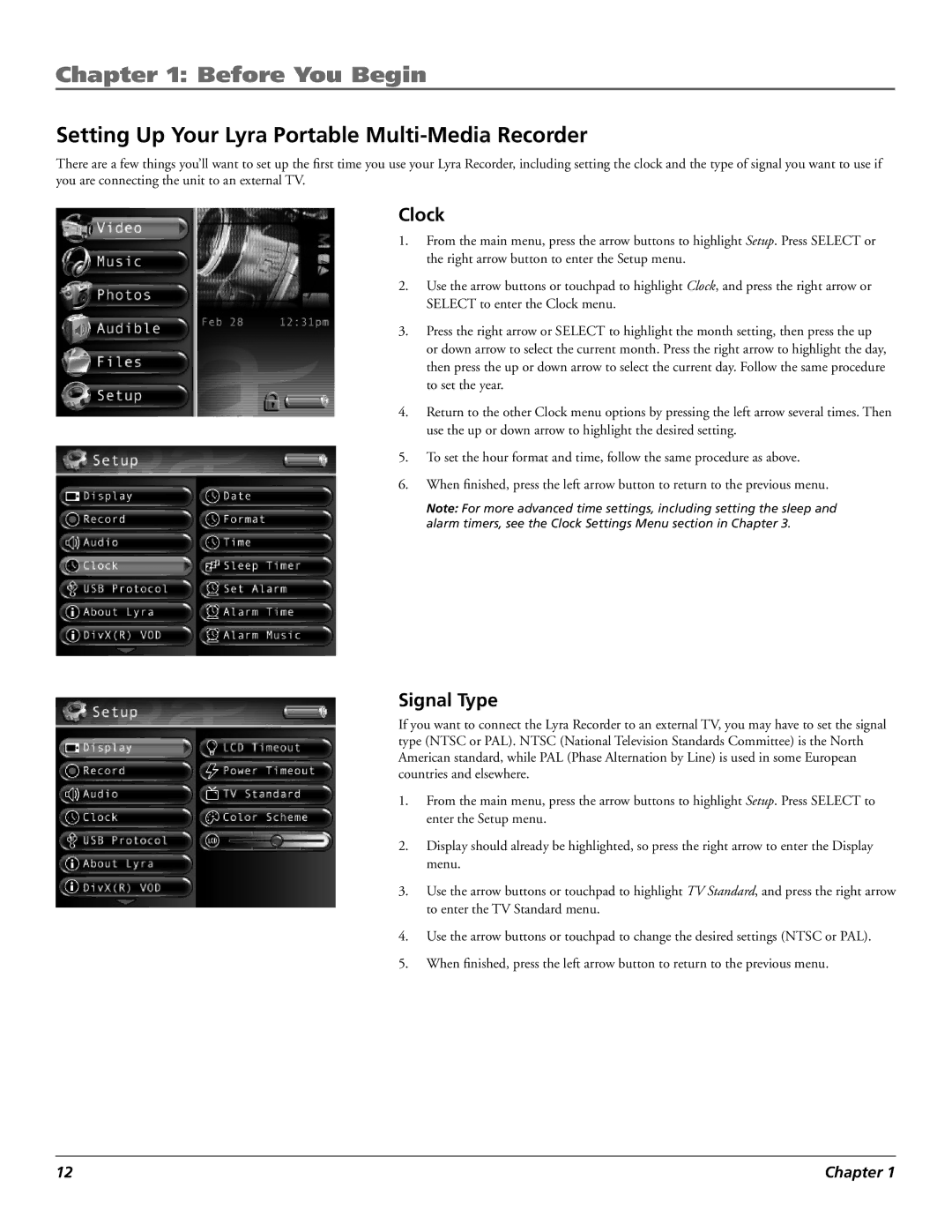 RCA X3030 manual Setting Up Your Lyra Portable Multi-Media Recorder, Clock, Signal Type 