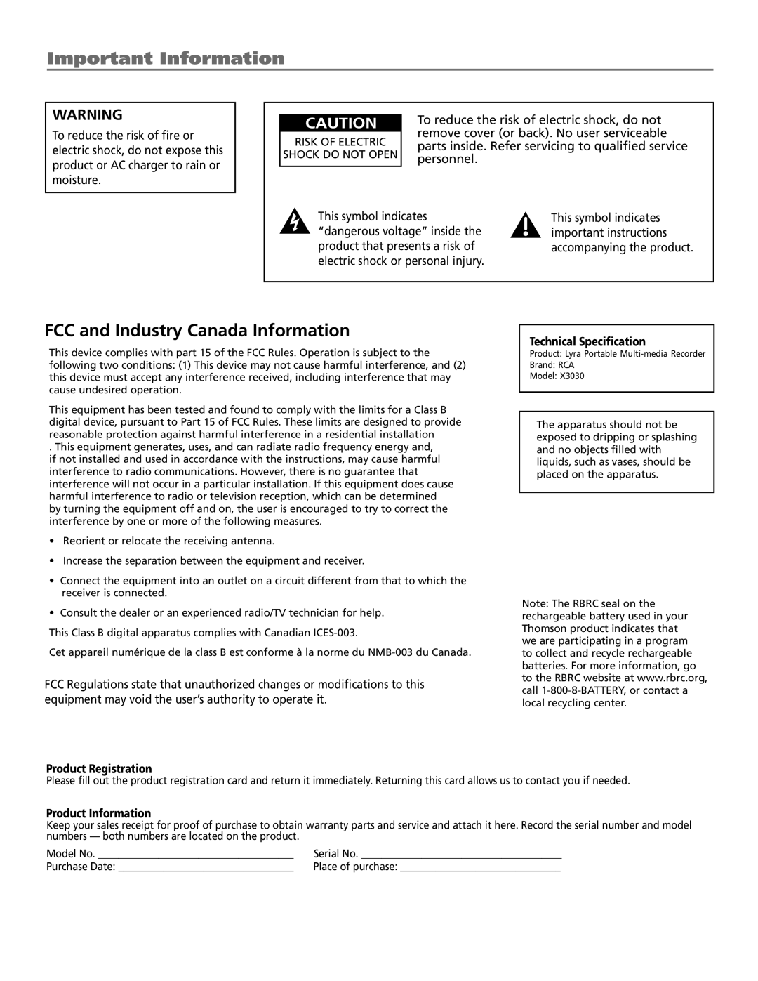 RCA X3030 manual Important Information, FCC and Industry Canada Information 