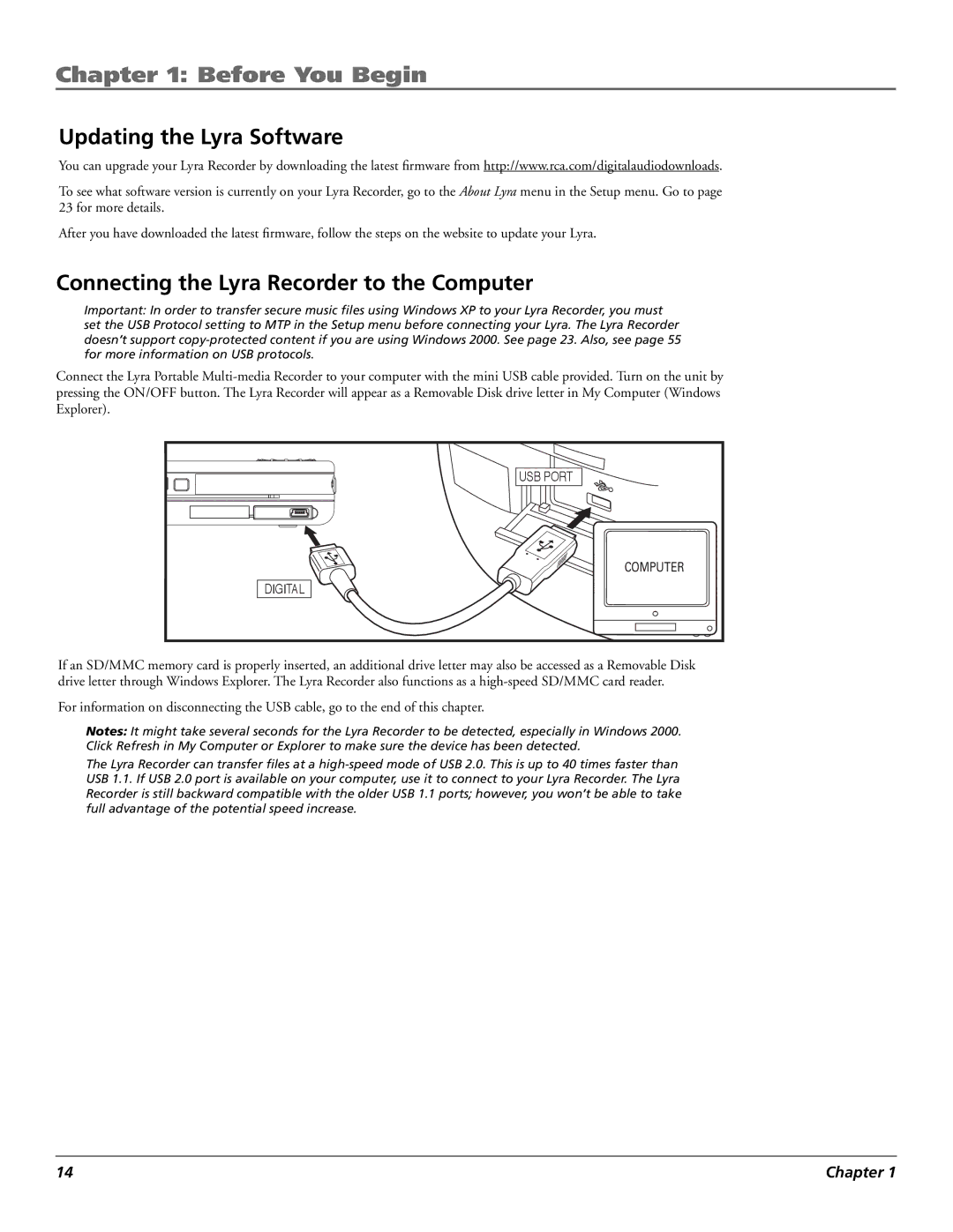 RCA X3030 manual Updating the Lyra Software, Connecting the Lyra Recorder to the Computer 