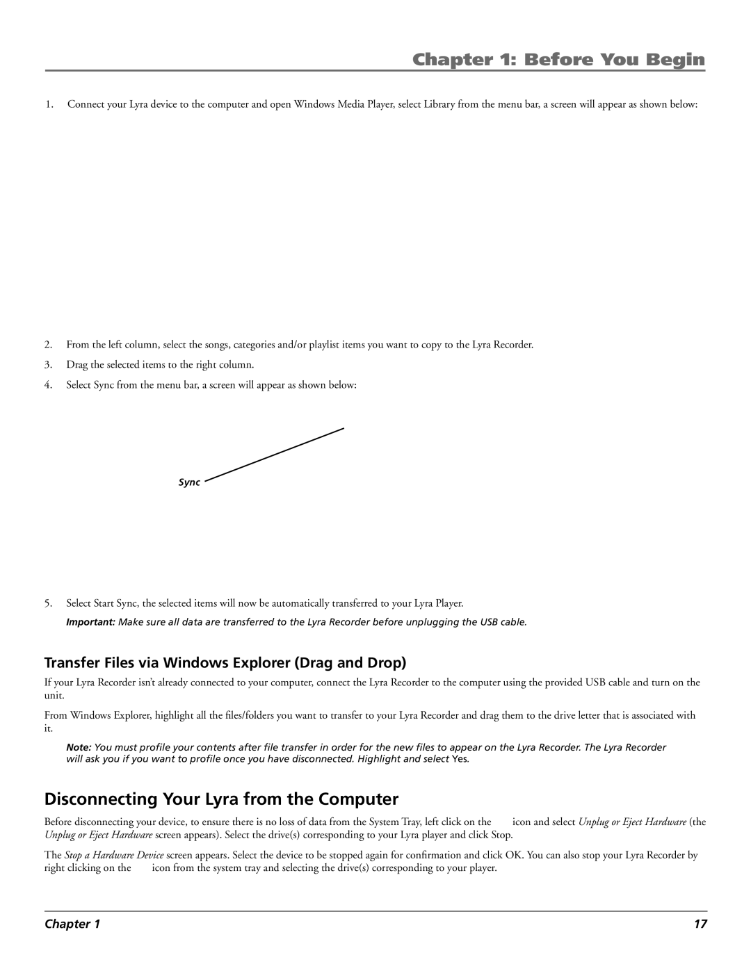 RCA X3030 manual Disconnecting Your Lyra from the Computer, Transfer Files via Windows Explorer Drag and Drop 