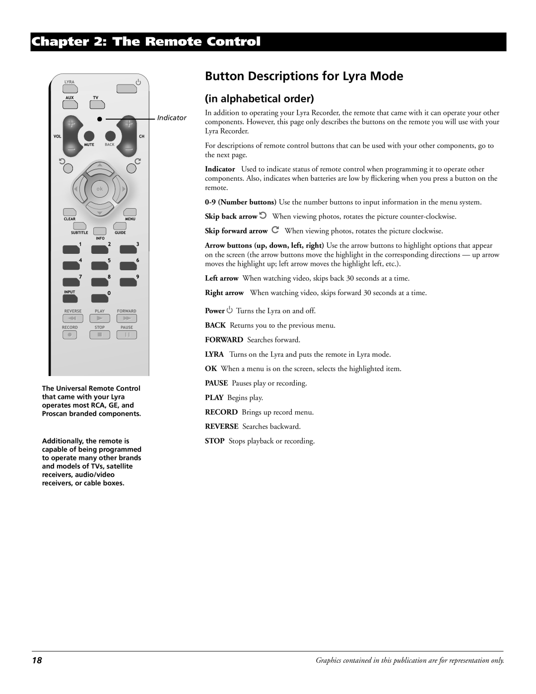 RCA X3030 manual Button Descriptions for Lyra Mode, Alphabetical order 