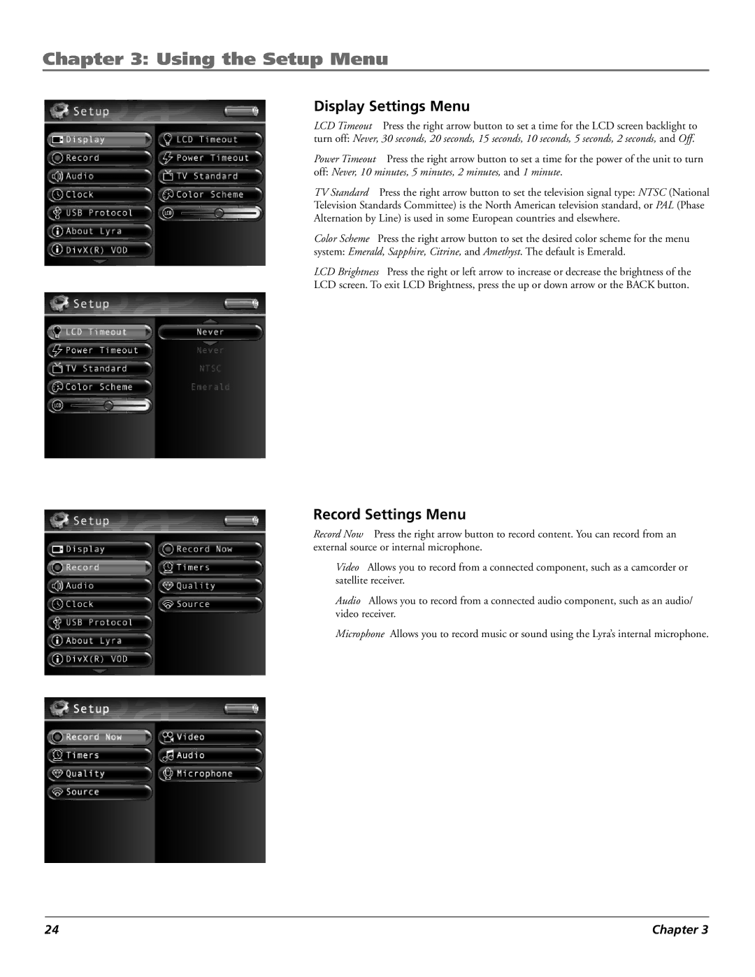 RCA X3030 manual Display Settings Menu, Record Settings Menu 