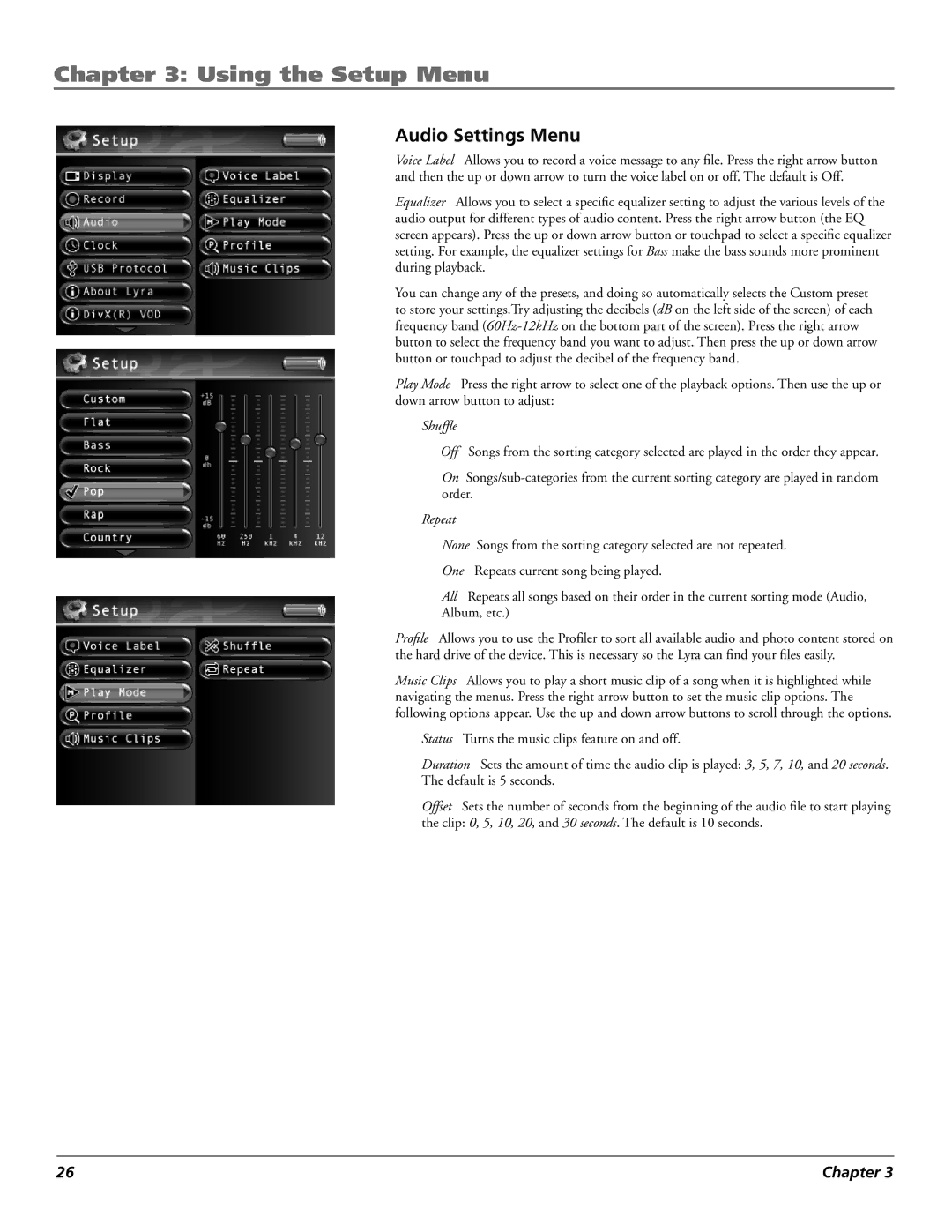 RCA X3030 manual Audio Settings Menu, Shufﬂe 