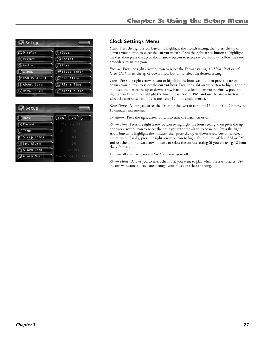 RCA X3030 manual Clock Settings Menu 