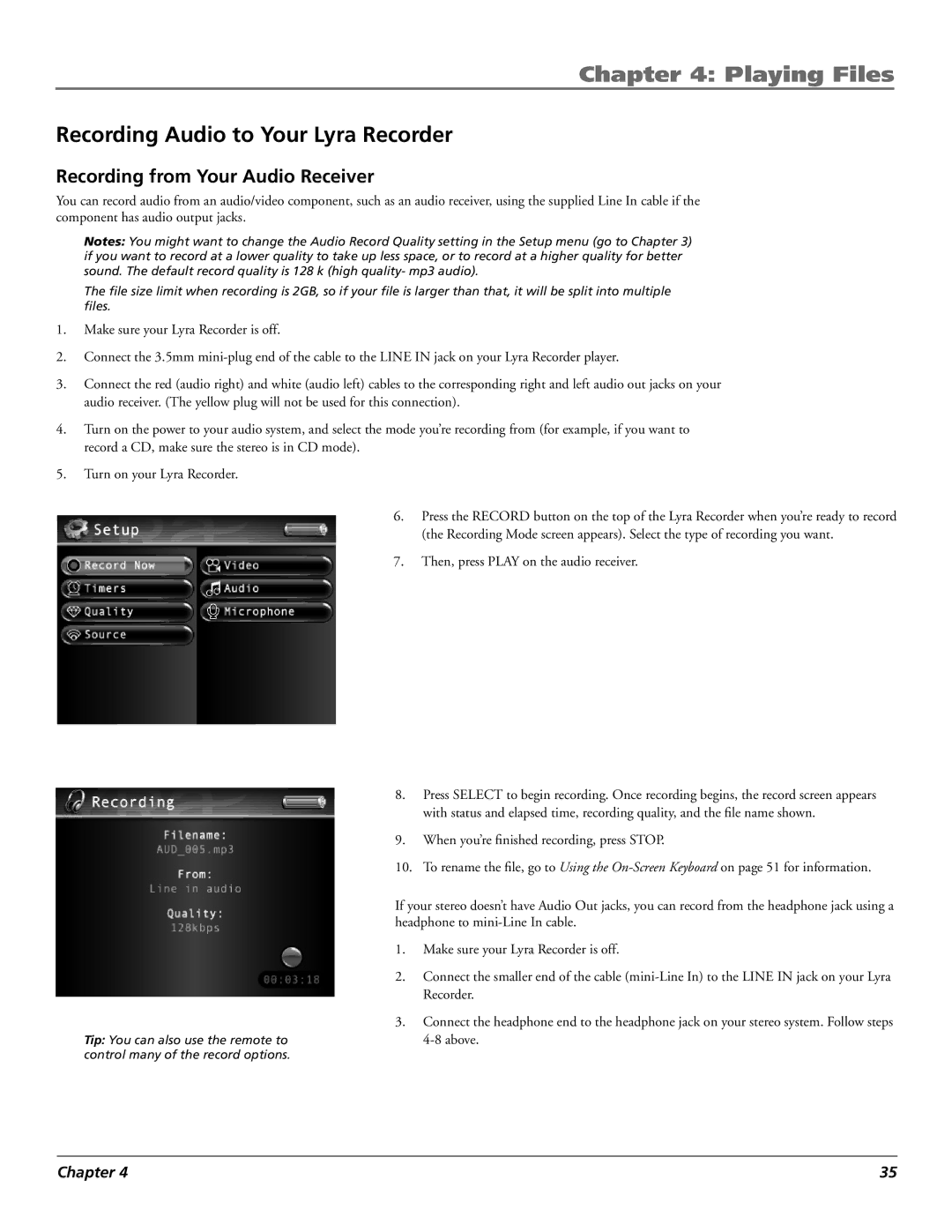 RCA X3030 manual Recording Audio to Your Lyra Recorder, Recording from Your Audio Receiver 