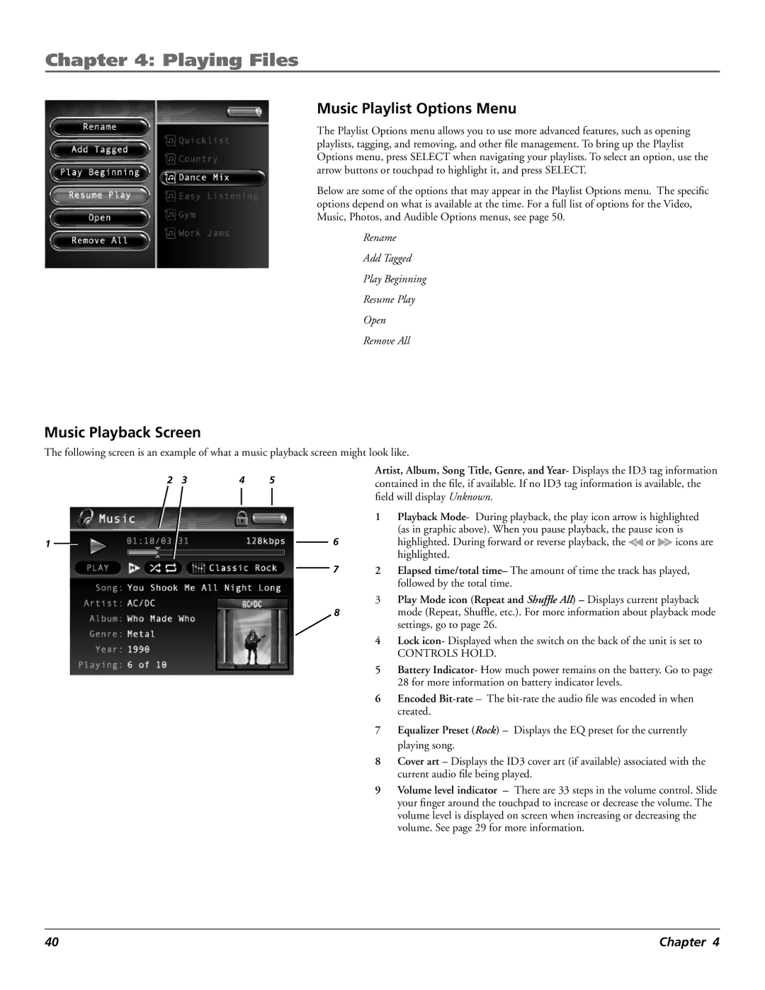 RCA X3030 manual Music Playlist Options Menu, Music Playback Screen 