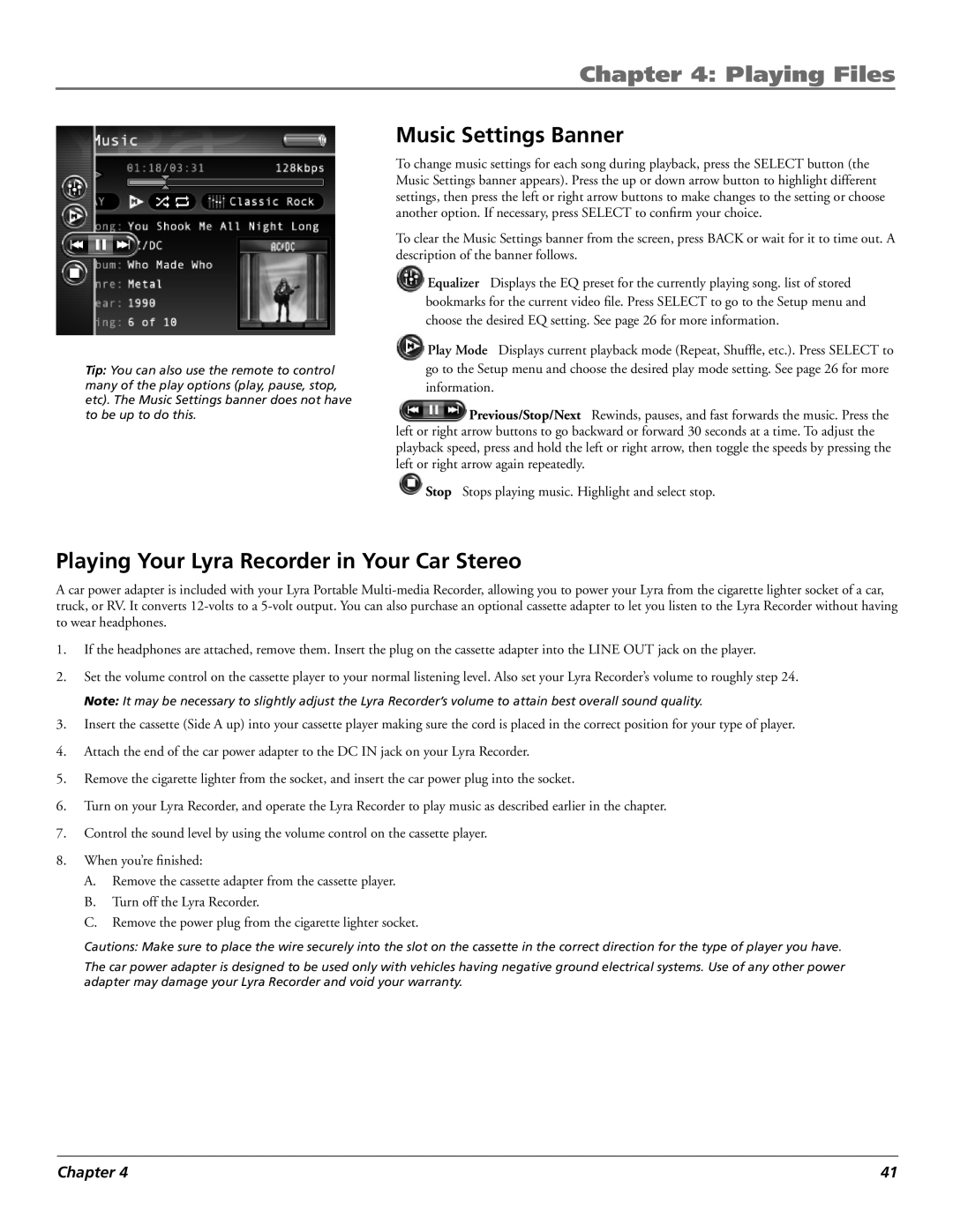 RCA X3030 manual Music Settings Banner, Playing Your Lyra Recorder in Your Car Stereo 