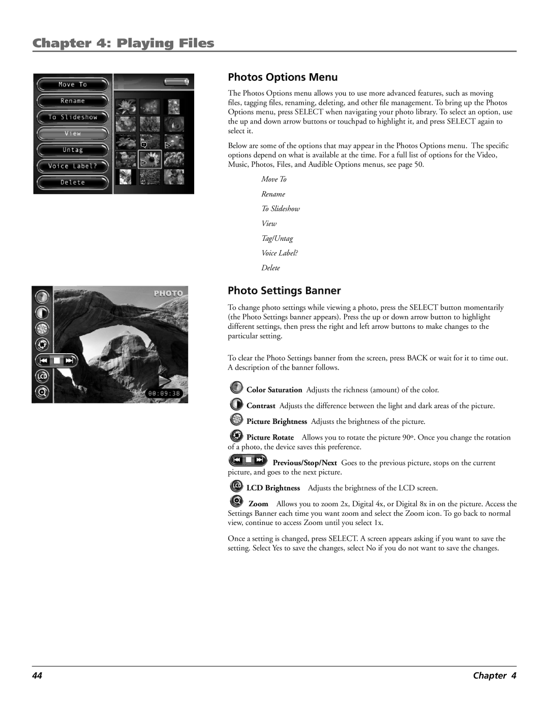 RCA X3030 manual Photos Options Menu, Photo Settings Banner 