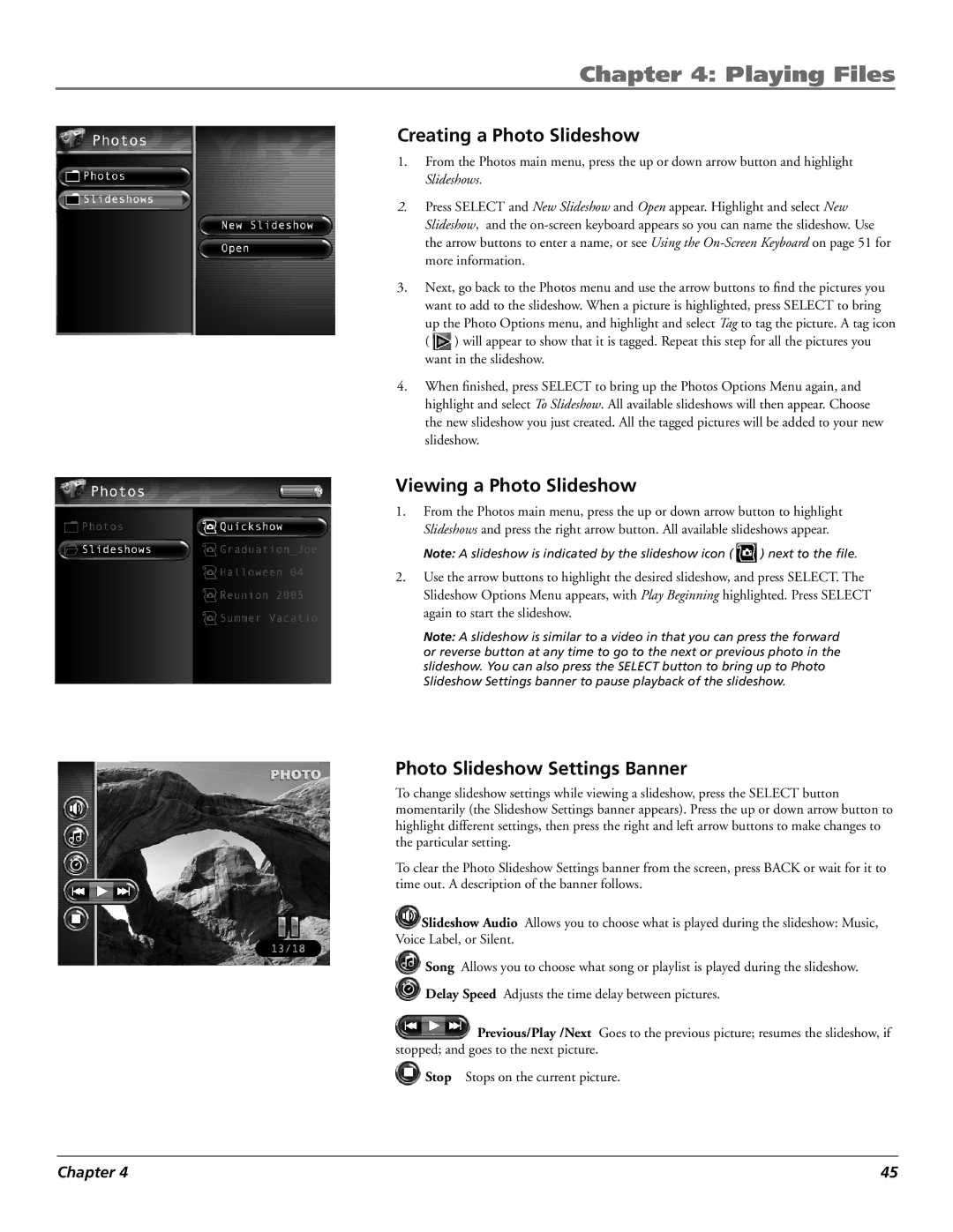 RCA X3030 manual Creating a Photo Slideshow, Viewing a Photo Slideshow, Photo Slideshow Settings Banner 