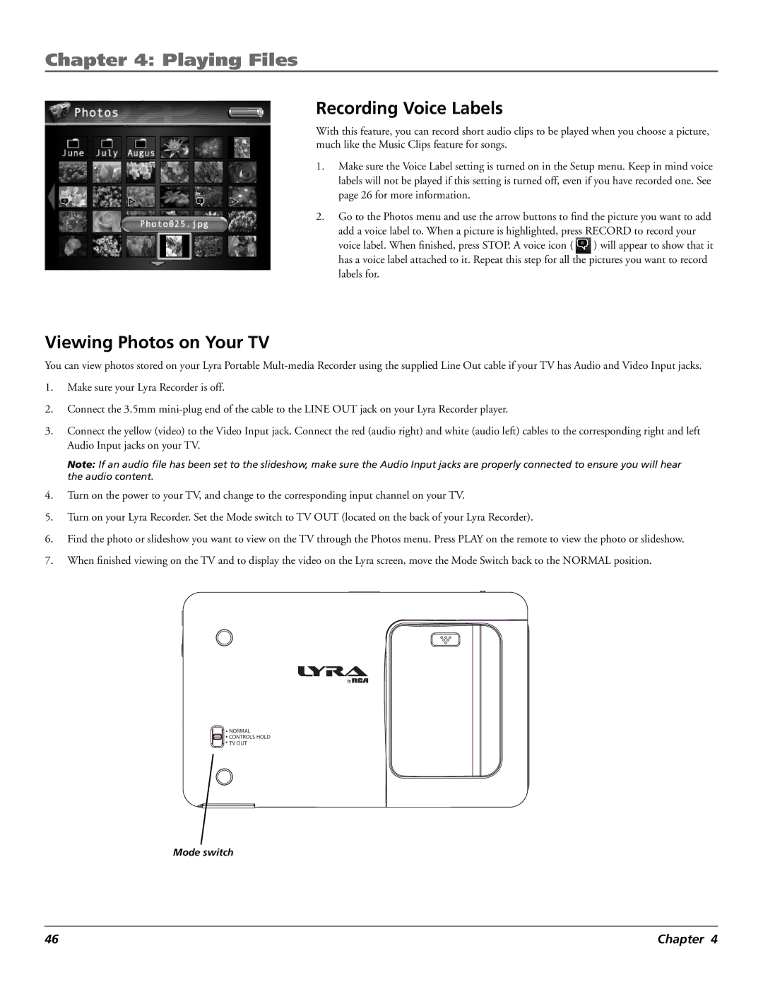 RCA X3030 manual Recording Voice Labels, Viewing Photos on Your TV 