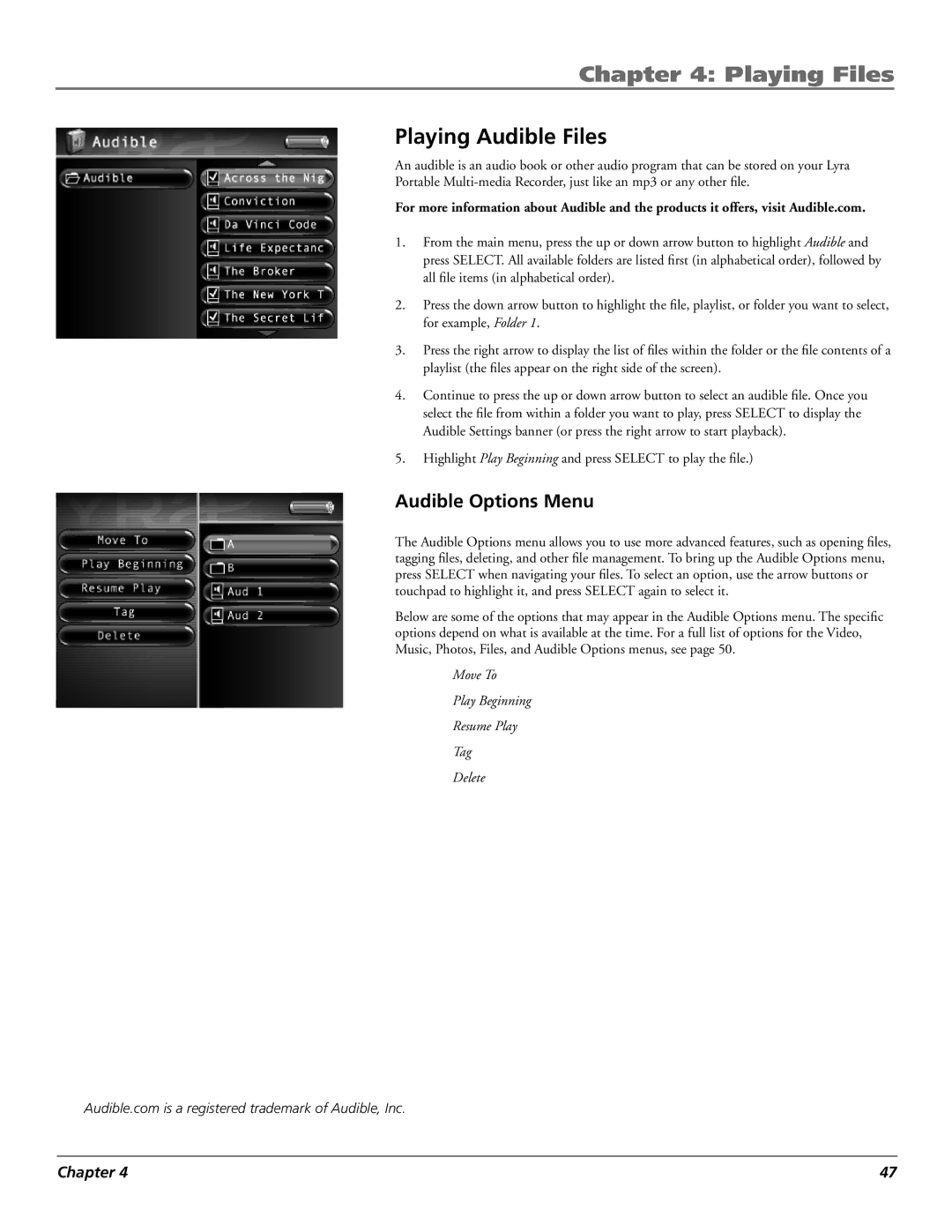 RCA X3030 manual Playing Audible Files, Audible Options Menu 