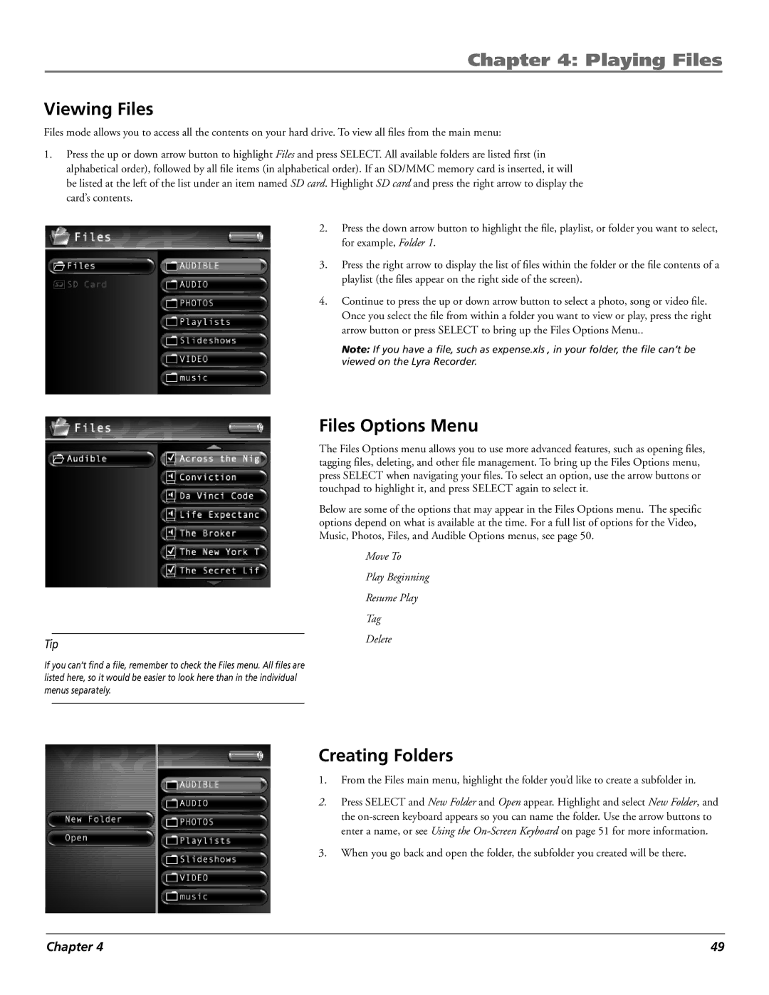 RCA X3030 manual Viewing Files, Files Options Menu, Creating Folders 