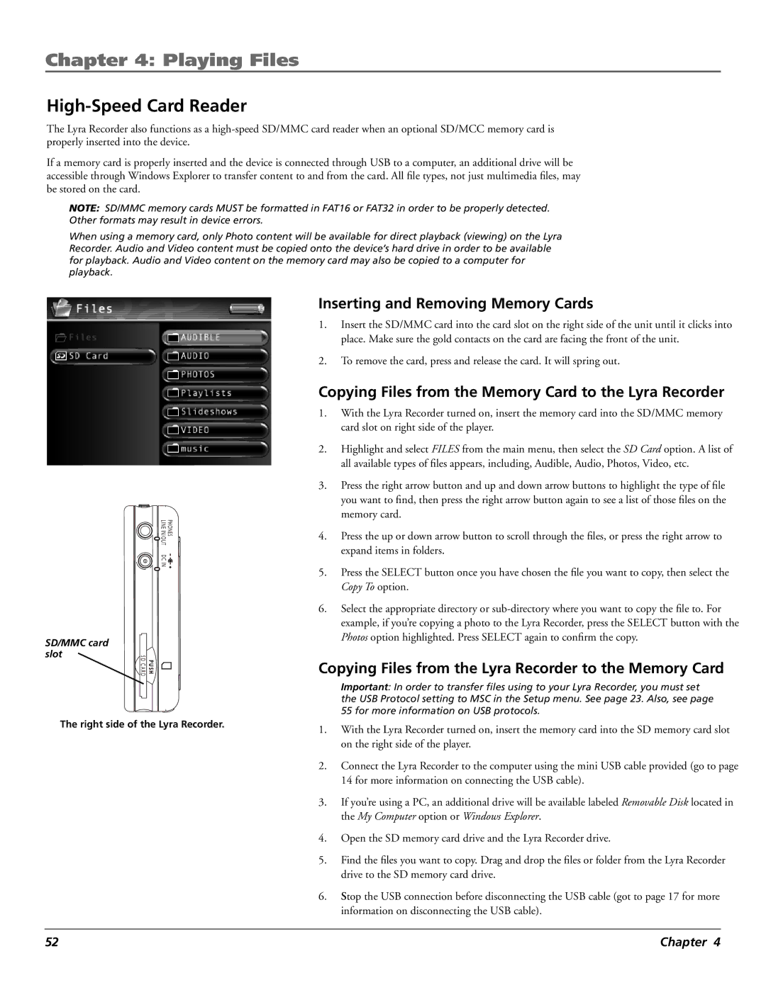 RCA X3030 manual High-Speed Card Reader, Inserting and Removing Memory Cards 