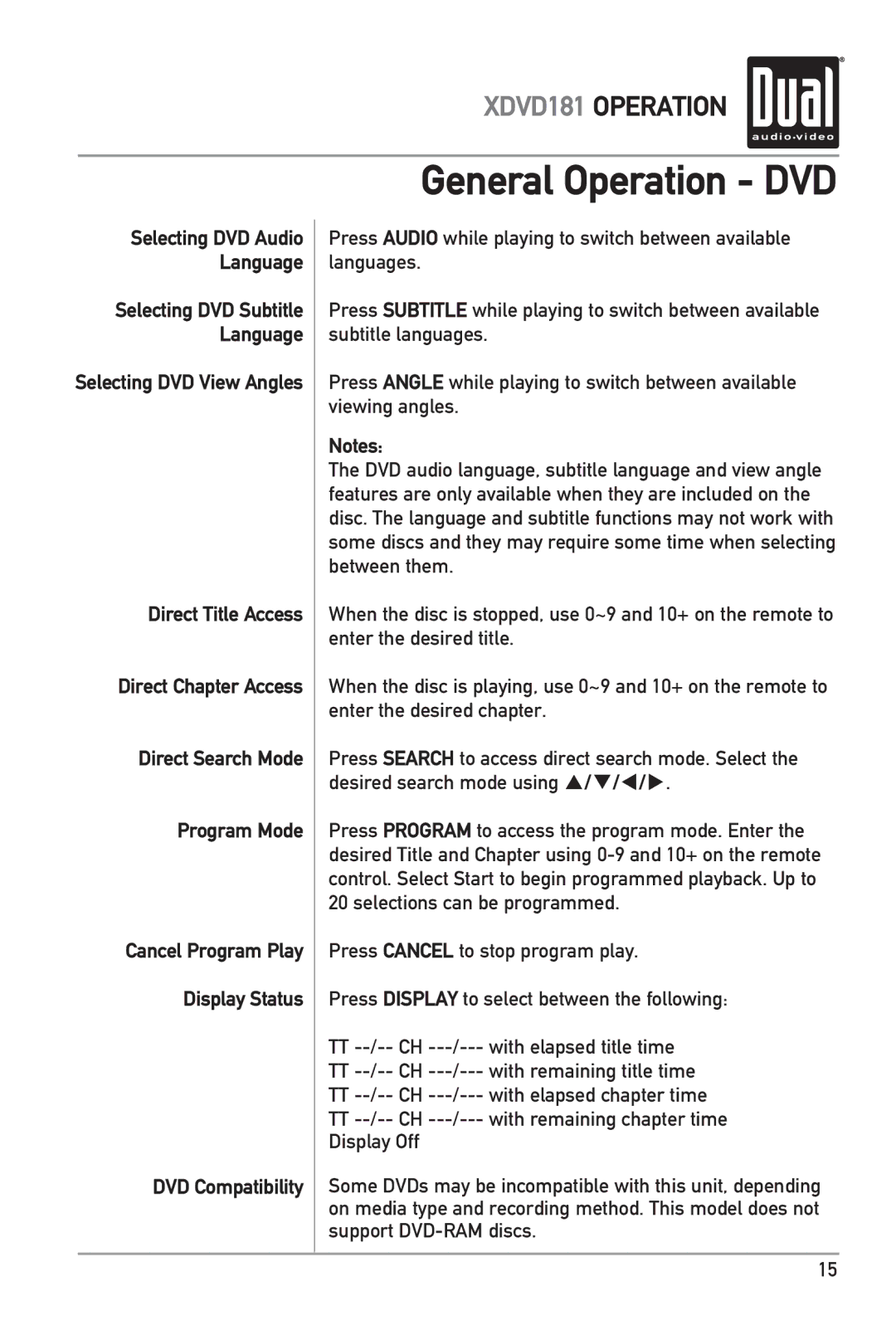 RCA XDVD181 owner manual Selecting DVD Audio, Language, Selecting DVD Subtitle, Direct Title Access, Direct Chapter Access 