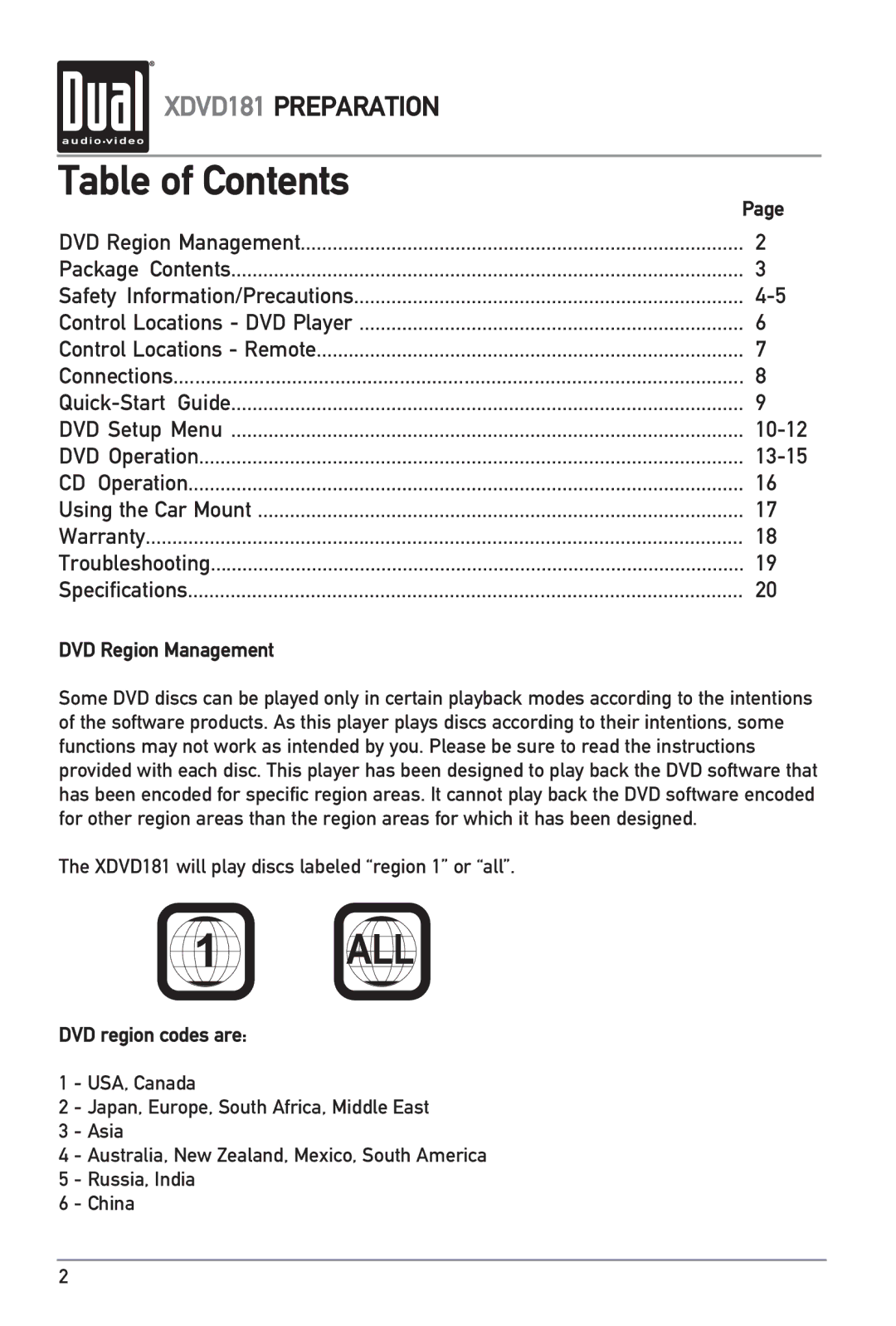 RCA XDVD181 owner manual Table of Contents 