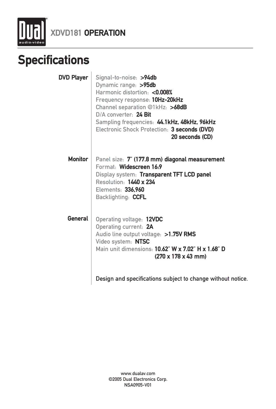 RCA XDVD181 owner manual DVD Player Monitor General, Design and specifications subject to change without notice 