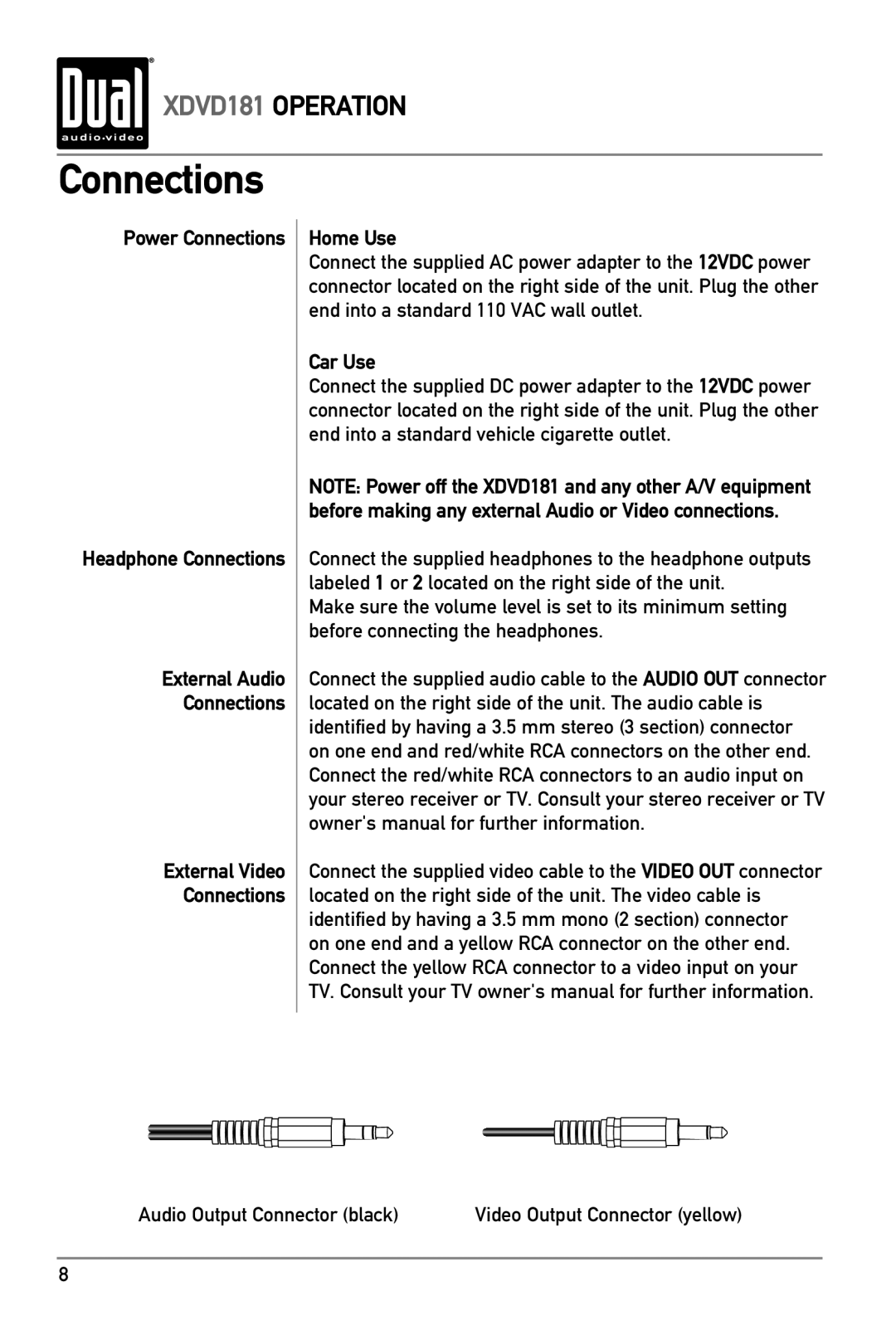 RCA XDVD181 owner manual Connections, Car Use 