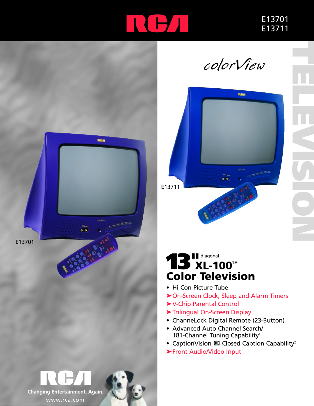 RCA manual XL-100 Color Television, E13701 E13711, Hi-Con Picture Tube, Trilingual On-Screen Display, 13diagonal 