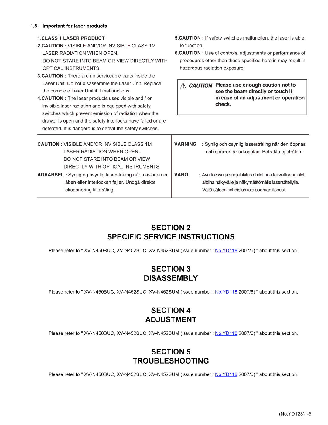 RCA XV-N350BER Section Specific Service Instructions, Section Disassembly, Section Adjustment, Section Troubleshooting 