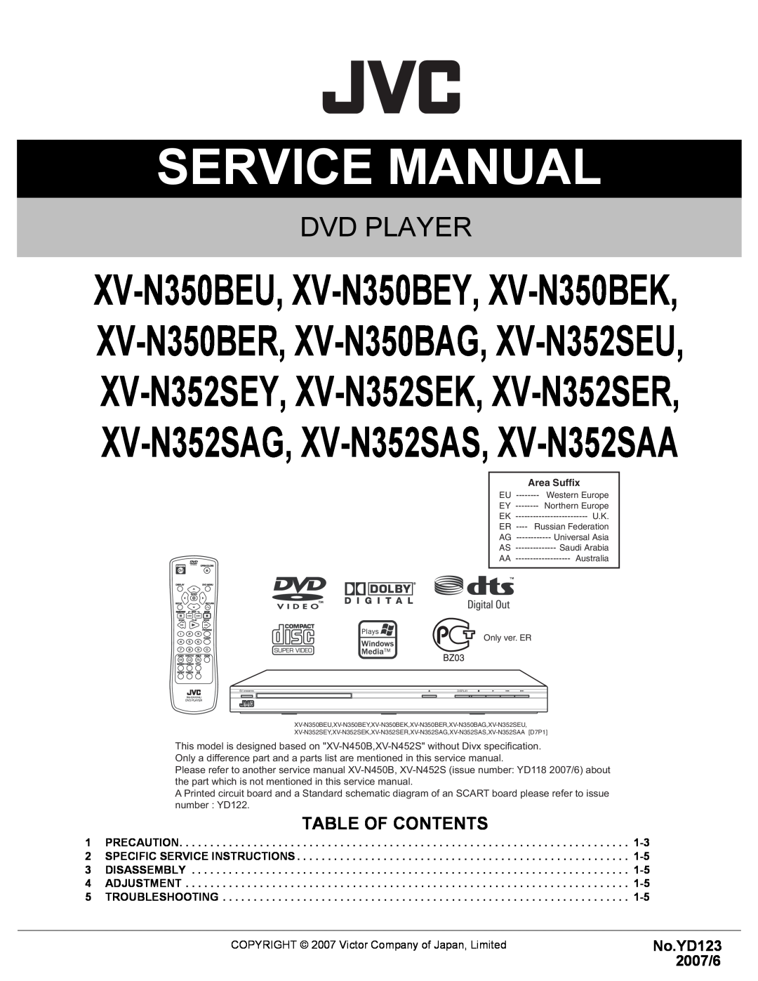 RCA XV-N352SEU, XV-N352SEY, XV-N352SER service manual Table Of Contents, Service Manual, Dvd Player, No.YD123 2007/6 