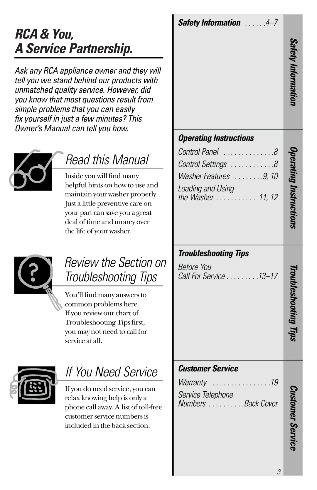 RCA YBXR1060 owner manual RCA & You Service Partnership, Safety Information, Operating Instructions, Troubleshooting Tips 