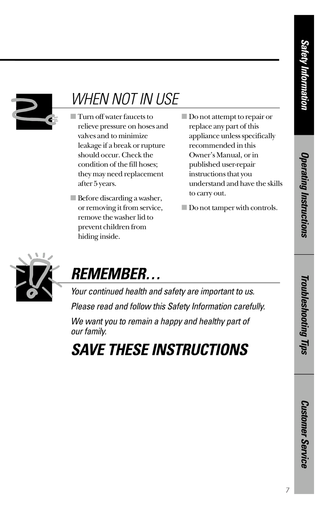 RCA YBXR1060 owner manual When not in USE, Safety Information 