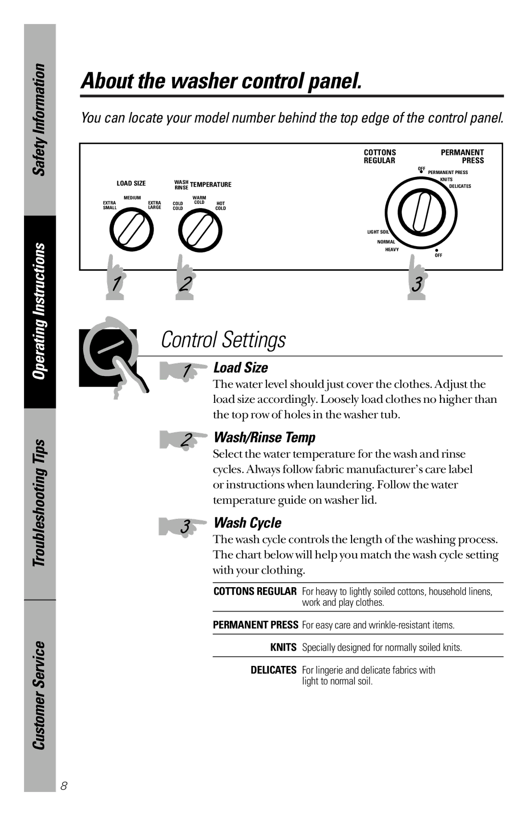 RCA YBXR1060 owner manual About the washer control panel, Load Size, Wash/Rinse Temp, Wash Cycle 