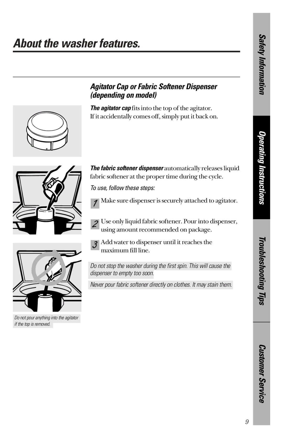 RCA YBXR1060 owner manual About the washer features, Agitator Cap or Fabric Softener Dispenser depending on model 