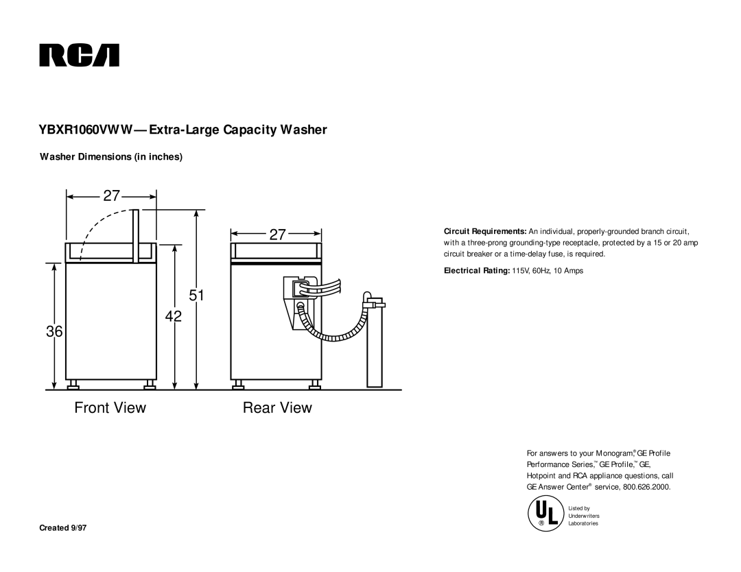 RCA YBXR1060VWW dimensions Front View, Rear View, Created 9/97, Electrical Rating 115V, 60Hz, 10 Amps 