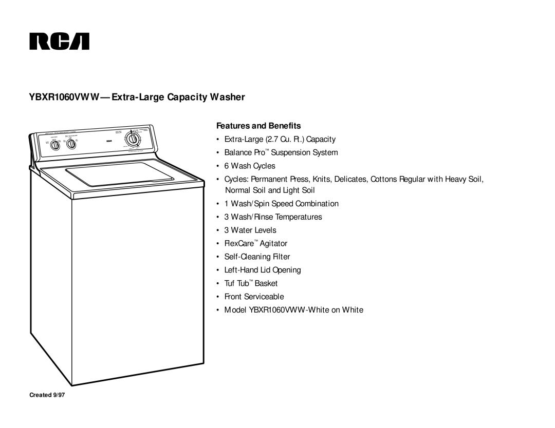 RCA YBXR1060VWW dimensions Features and Benefits, Size 