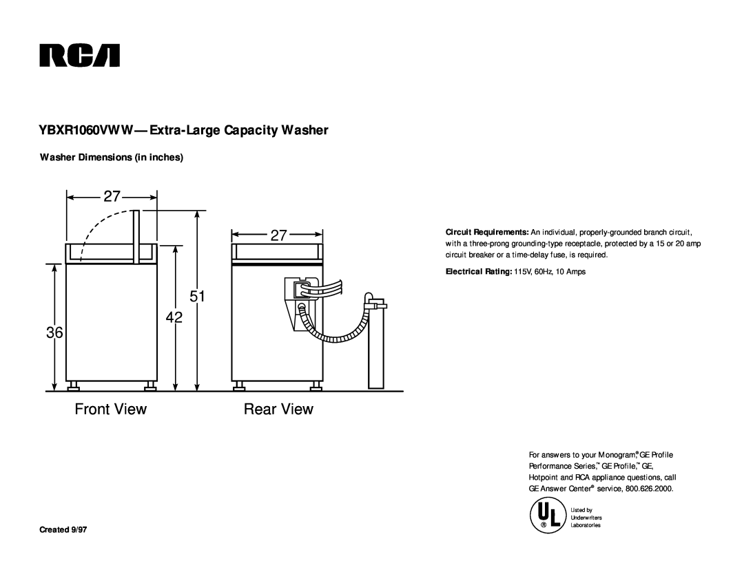 RCA dimensions YBXR1060VWW-Extra-Large Capacity Washer, Front View, Rear View, Washer Dimensions in inches 