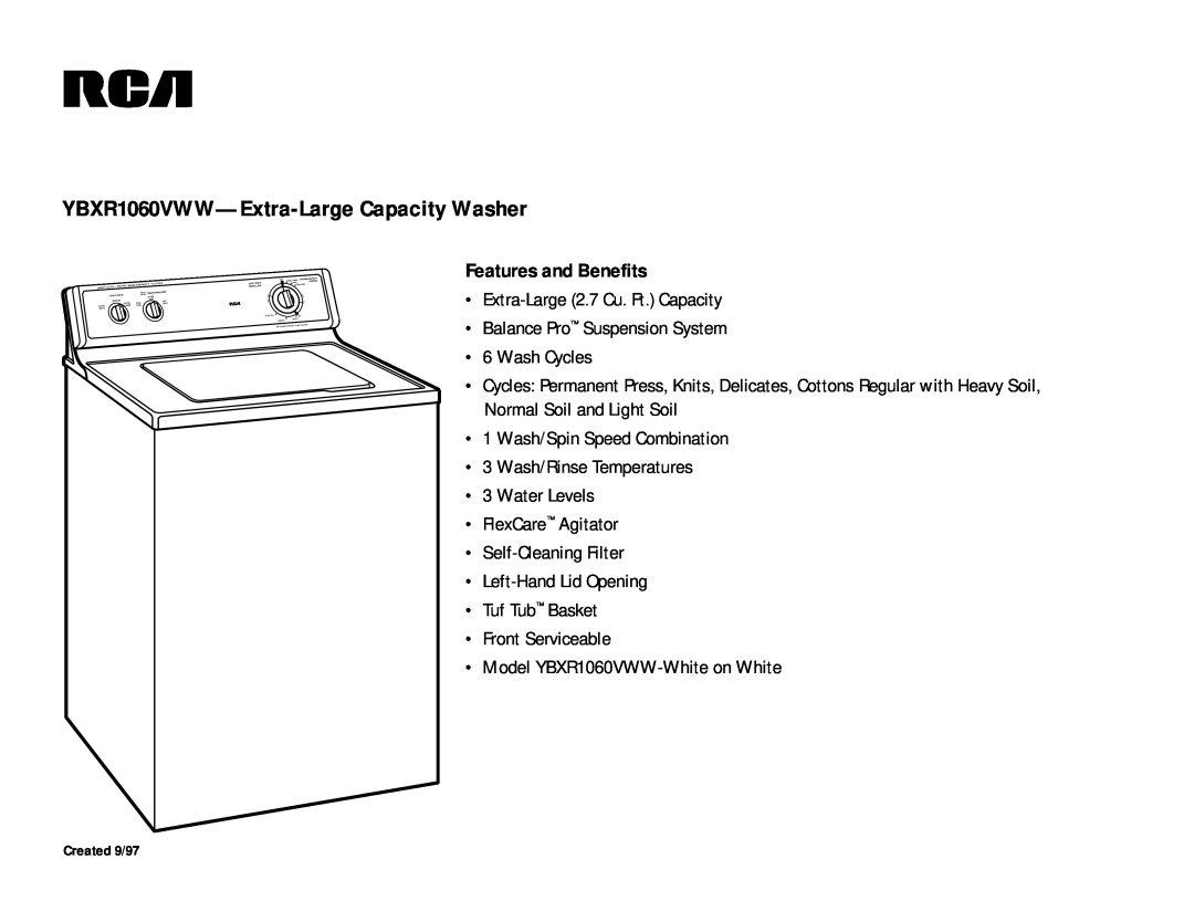 RCA dimensions YBXR1060VWW-Extra-Large Capacity Washer, Features and Benefits 