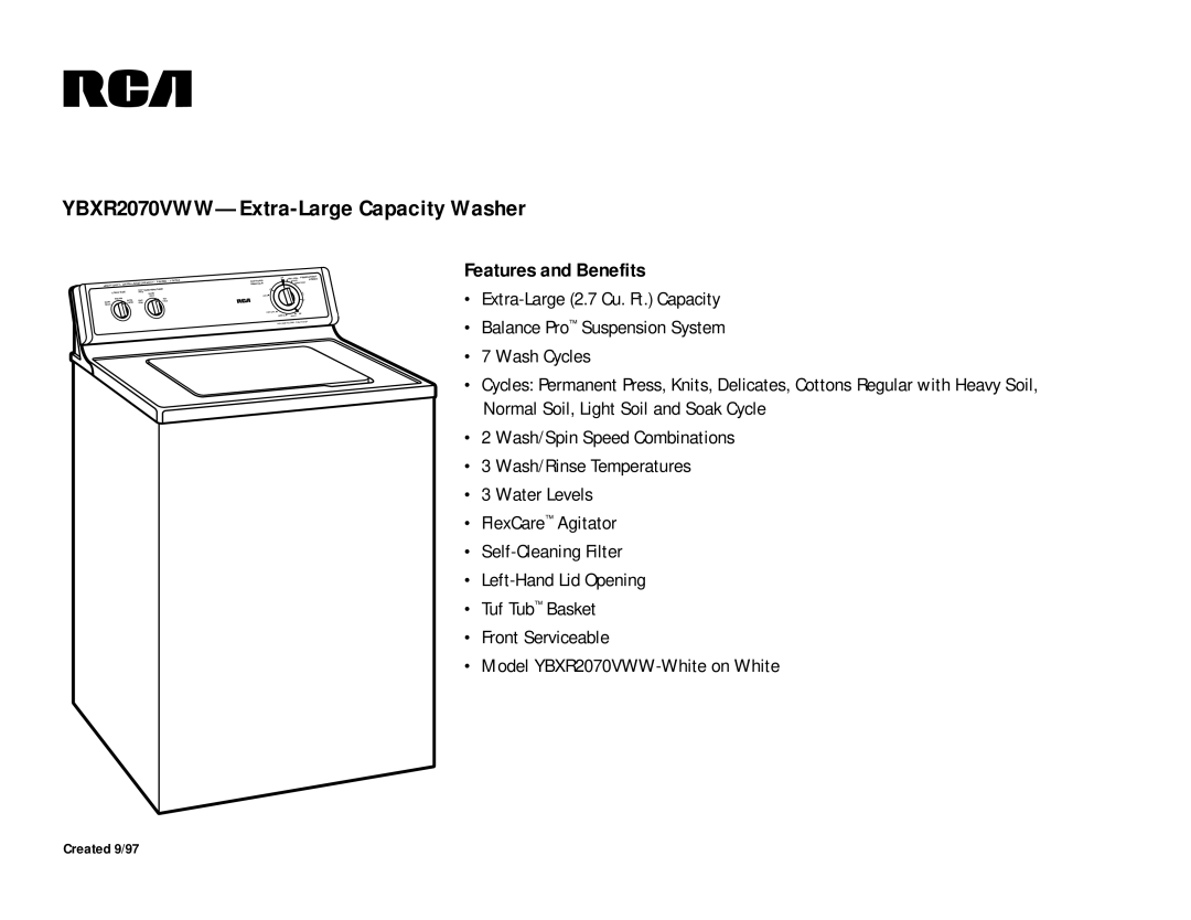 RCA YBXR2070VWW dimensions Features and Benefits 