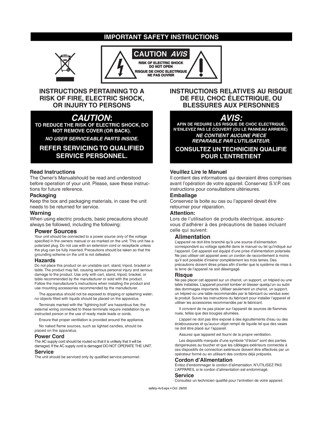 RCA YS1052 owner manual Avis 