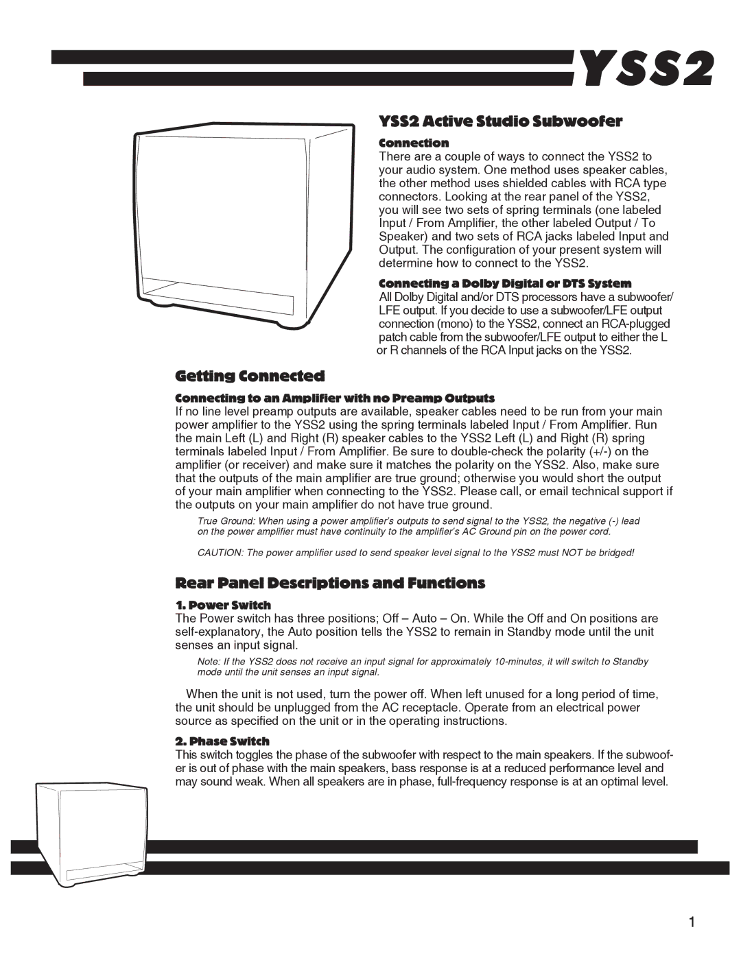 RCA YS1052 Connection, Connecting a Dolby Digital or DTS System, Connecting to an Amplifier with no Preamp Outputs 