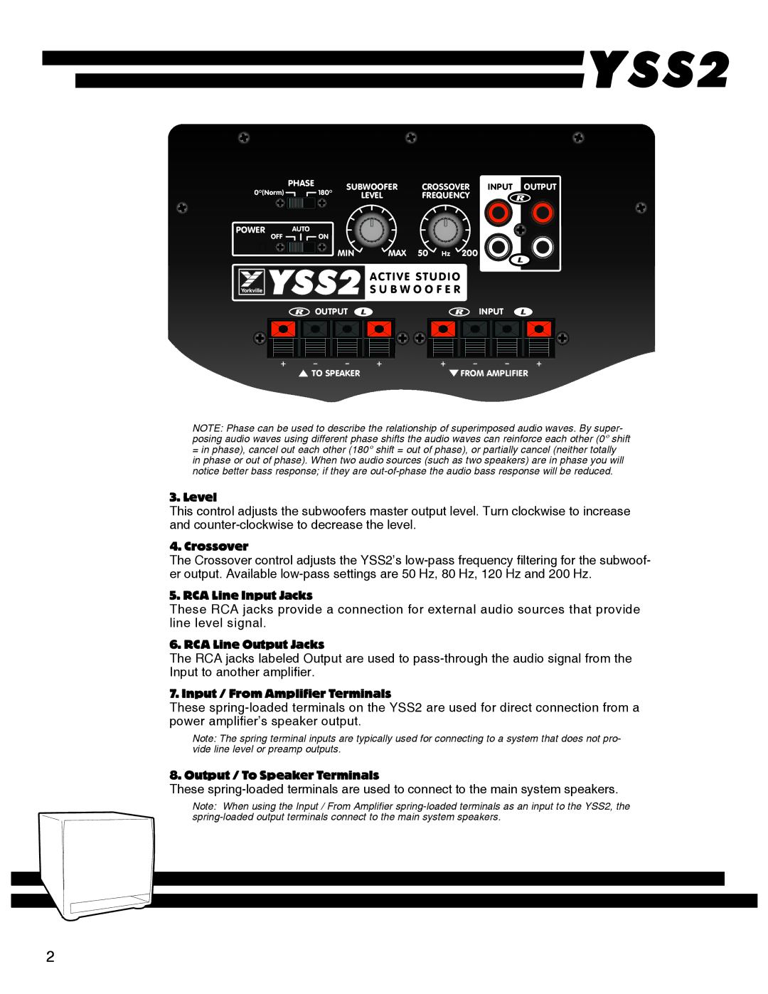 RCA YS1052 owner manual Level, Crossover, RCA Line Input Jacks, RCA Line Output Jacks, Input / From Amplifier Terminals 