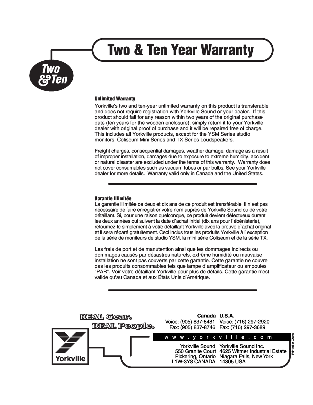 RCA YS1052 owner manual Two & Ten Year Warranty, Two &Ten, REAL Gear, REAL People, w w w . y o r k v i l l e . c o m 