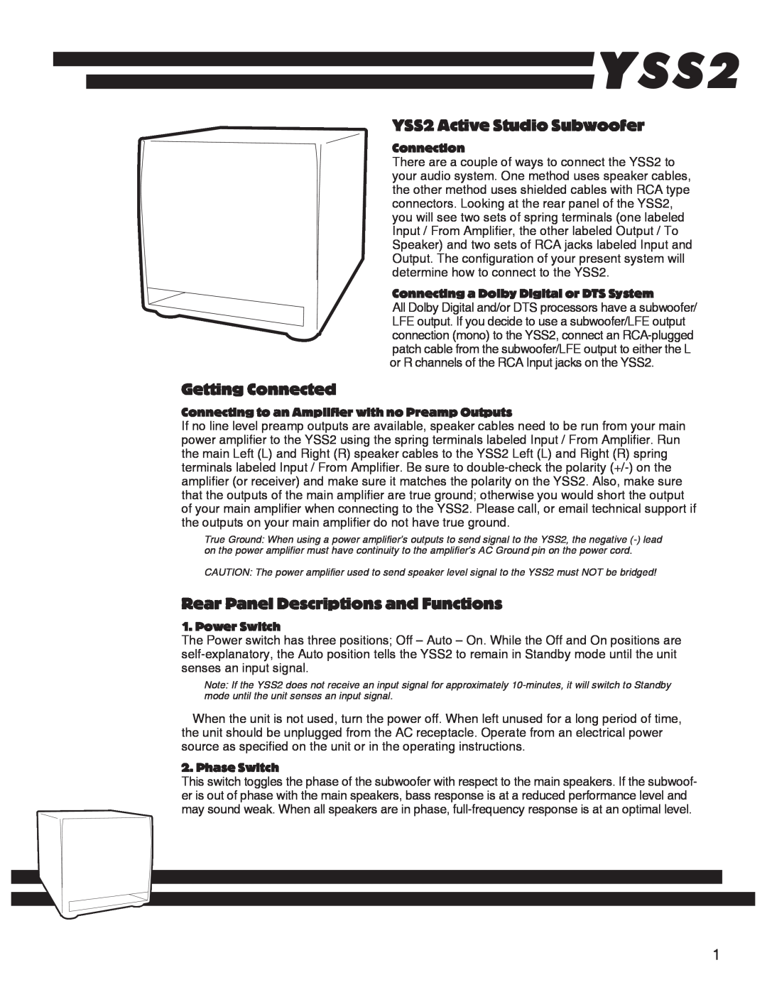 RCA YS1052 YSS2 Active Studio Subwoofer, Getting Connected, Rear Panel Descriptions and Functions, Connection 